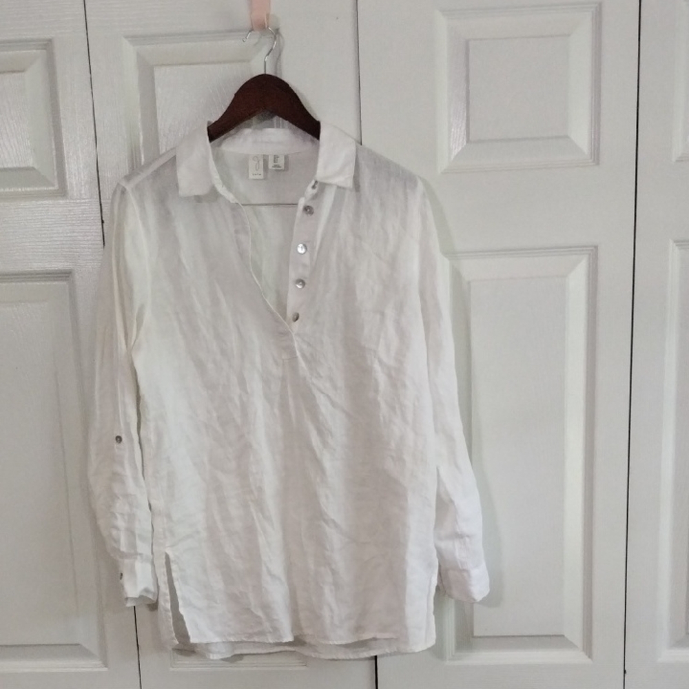 Joie Pop Over 100 Linen Top. Pearl Button Size Small White Shirt Bathing Suit Up